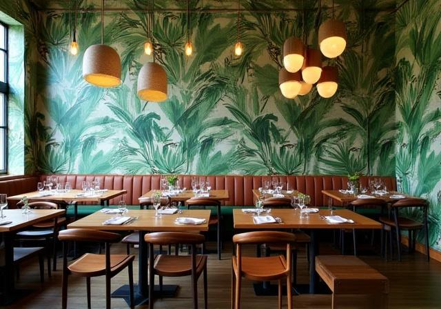 Ristorante di design con carta da parati botanica di Spettro Pareti.